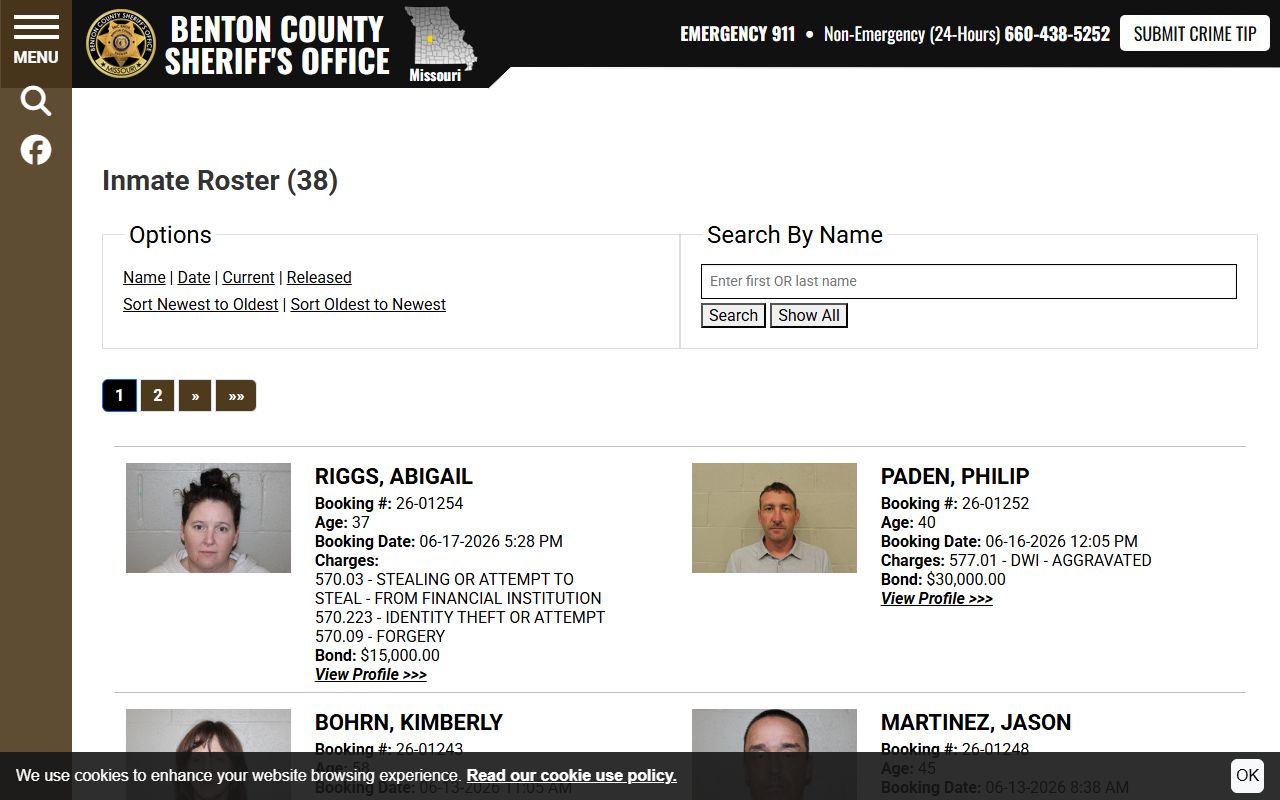 Benton County inmate population current roster search with booking fields