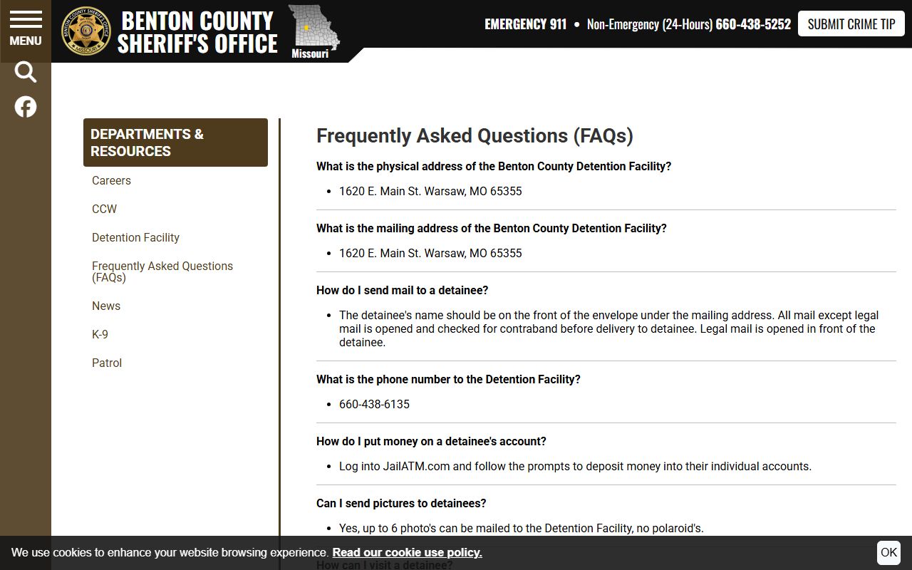 Benton County inmate records visitation schedule and jail FAQ