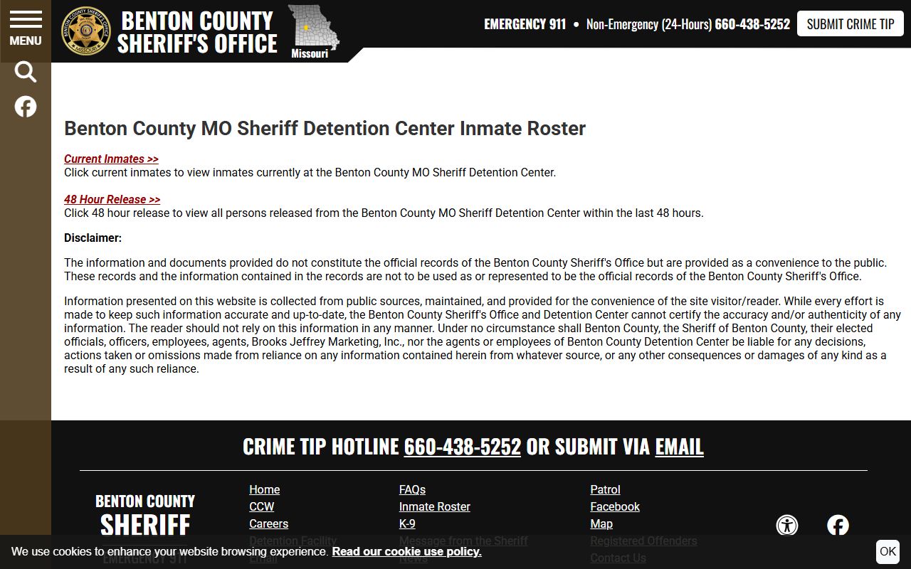 Benton County inmate population roster disclaimer current and 48-hour release search