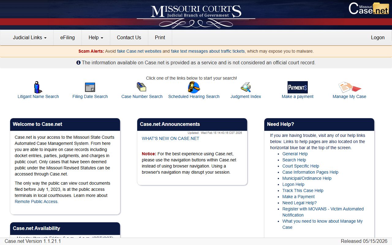 Missouri Case.net portal for Benton County court records after jail arrest